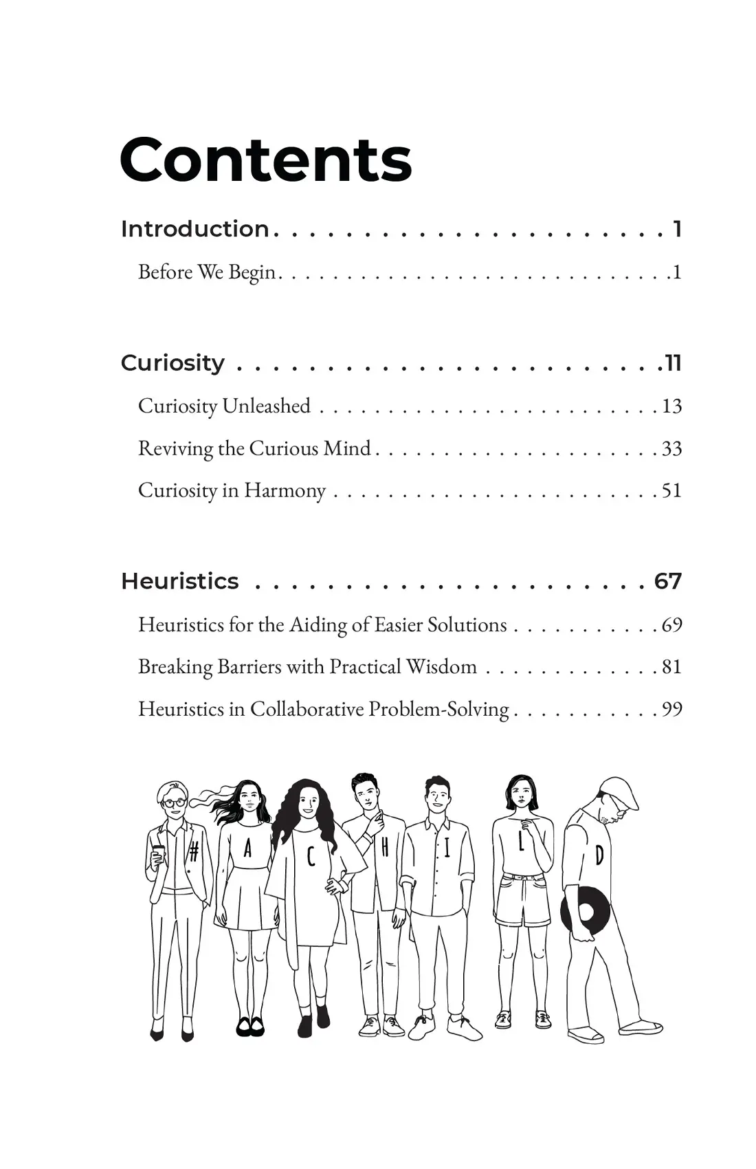 Contents page, listing the Introduction and the opening Curiosity and Heuristics sections, above a line drawing of seven figures whose shirts spell out the book's title.