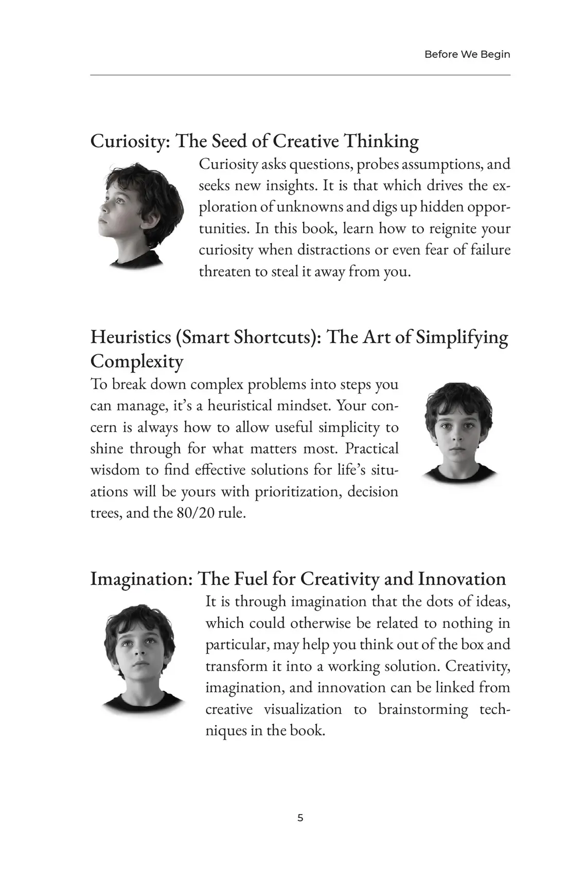 Page 5, defining the first three pillars — Curiosity as the seed of creative thinking, Heuristics as the art of simplifying complexity, and Imagination as the fuel for creativity and innovation — each illustrated with a portrait of a boy.