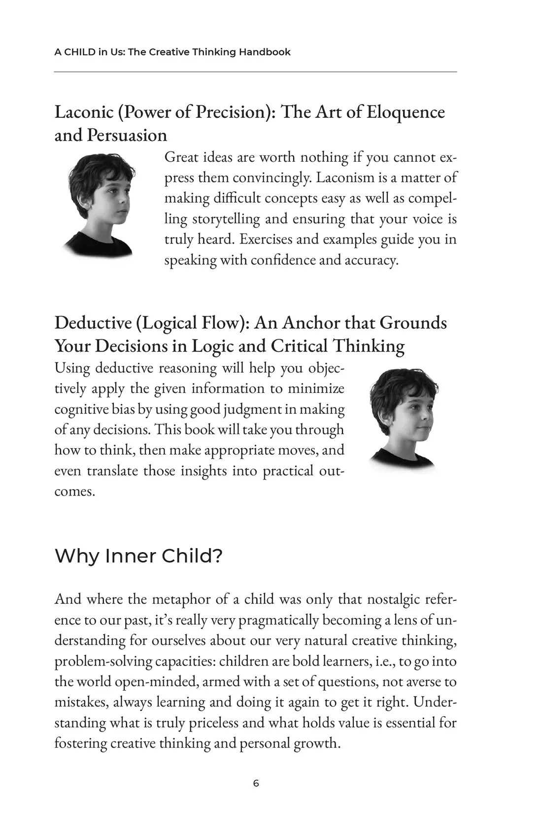 Page 6, defining the remaining two pillars — Laconic as the art of eloquence and persuasion, and Deductive as an anchor grounding decisions in logic — followed by a section asking why the inner child is the right metaphor.