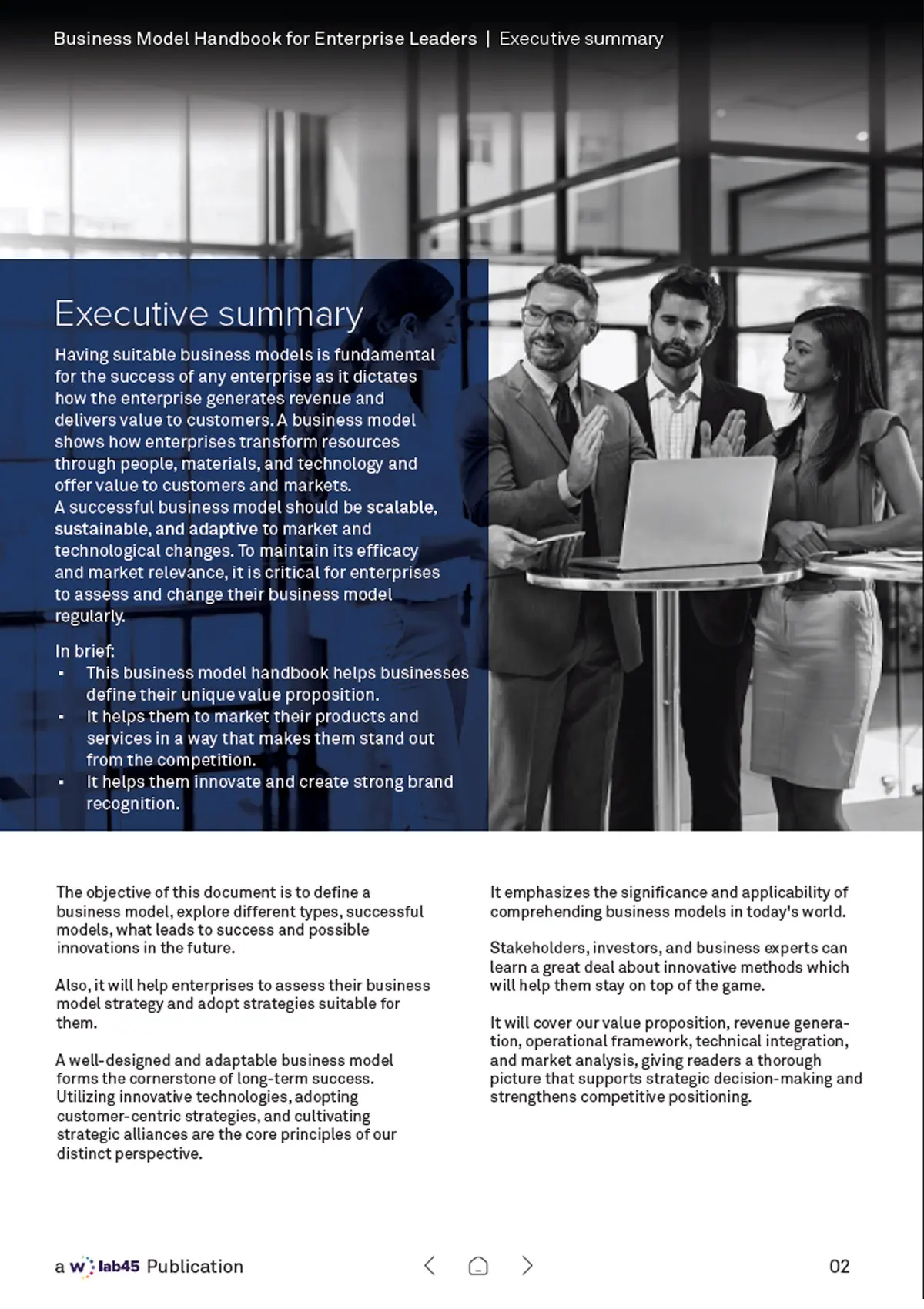 Executive summary — why a scalable, sustainable, adaptive business model is fundamental to enterprise success, set over a full-bleed monochrome photograph with a blue overlay panel.