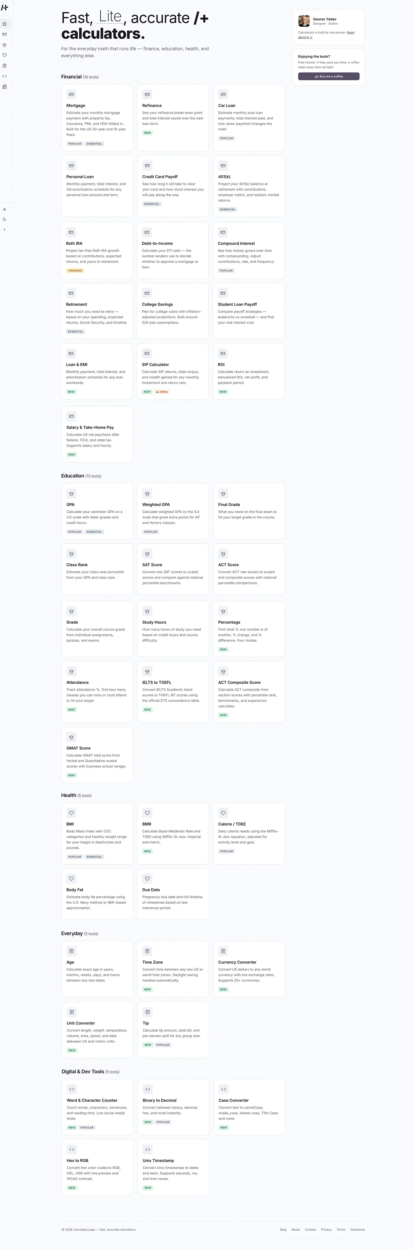 Full calculatory.app homepage — the Fast, Lite, accurate masthead followed by the Financial, Education, Health & Lifestyle and Everyday tool grids.