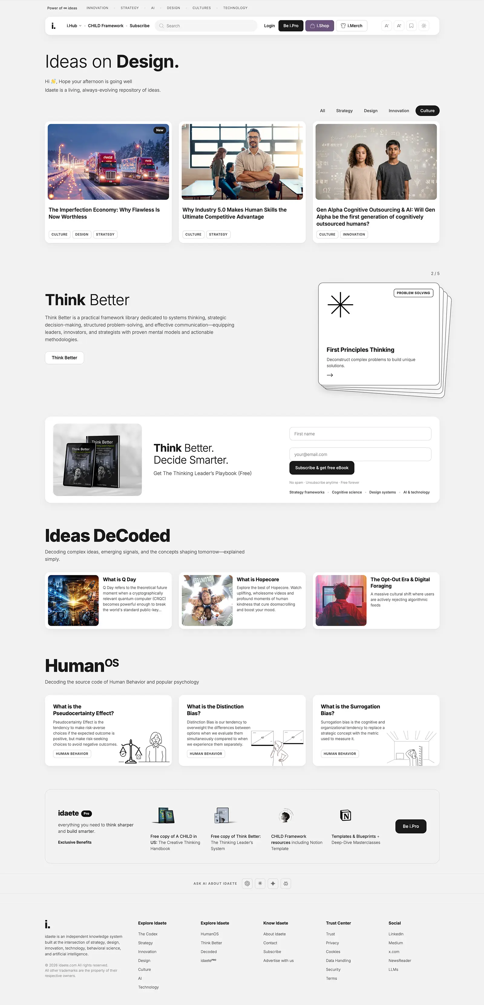 Full idaete.com homepage — masthead and navigation, the Ideas on Innovation article grid, the Think Better framework library, and the i.Pro membership panel.