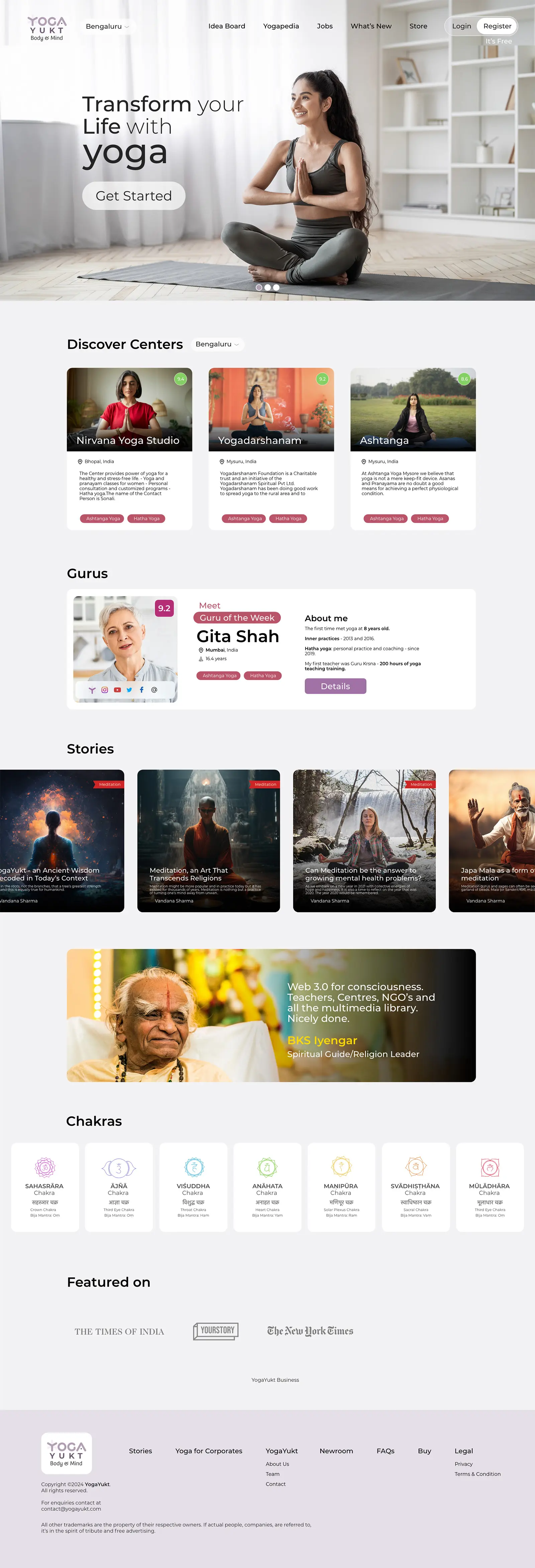 Full YogaYukt seeker dashboard — practice filters and profile menu, the Sunrise Meditation feature, Happenings Around You and class calendar, Gurus Near You cards, and the Book a Class, Buy Yoga Products and Find YogaMates panels.